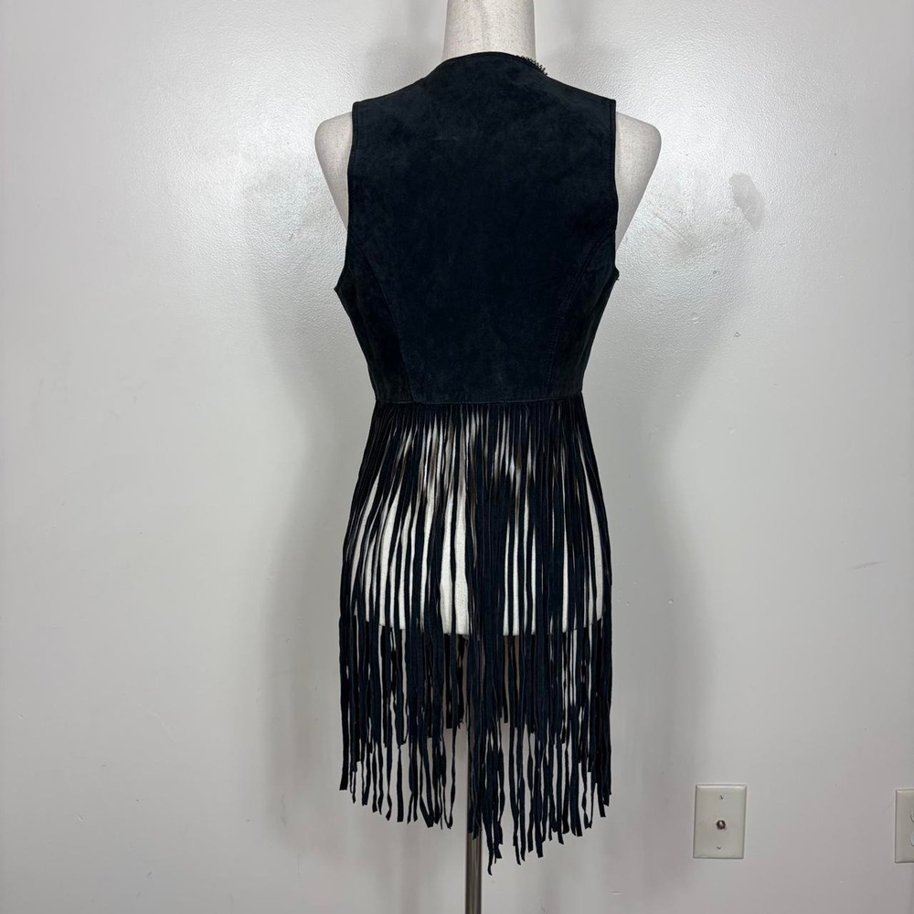 Vintage Y2k Fringe Leather Suede Vest Medium Festival Boho Hippie Western Black - Picture 5 of 7